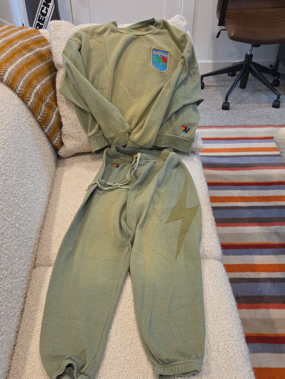 Aviator Nation Olive Green Kids Pajama Set with Lightning Bolt Patch